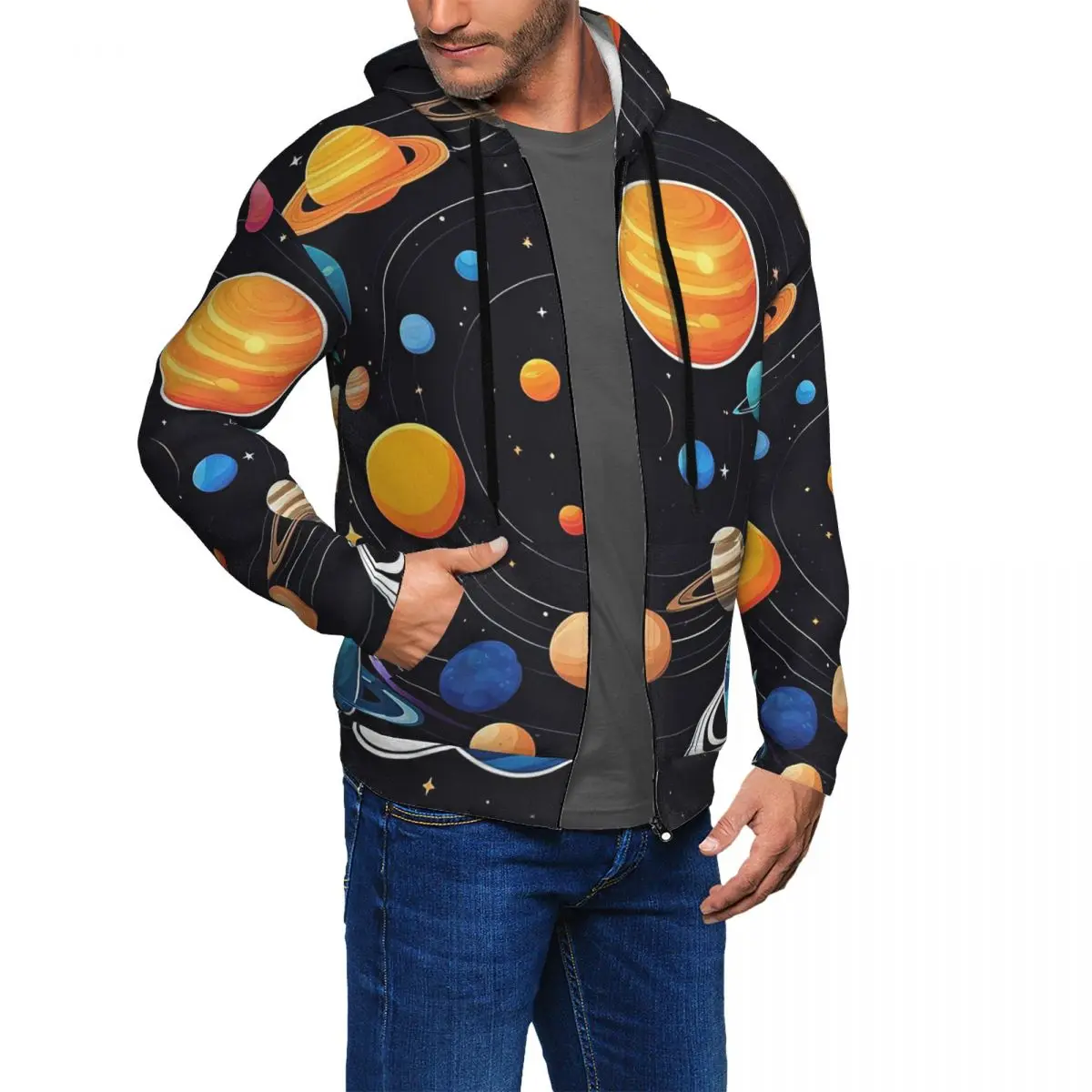 Solar System Space Planets Universe Zipper Hoodie Hip Hop Pullover Autumn Winter Men's Women's Sweatshirt Long Sleeve Tops