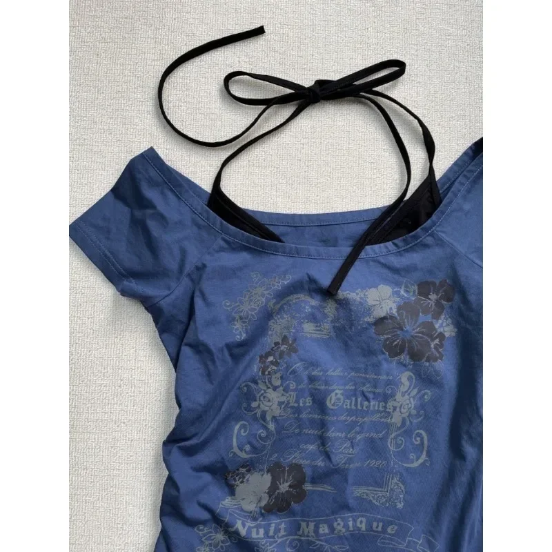 Y2k T-shirt for Women American Vintage Print Halter Neck Fake Two Summer 2025 Sweet sexy style Short Sleeved T-shirts