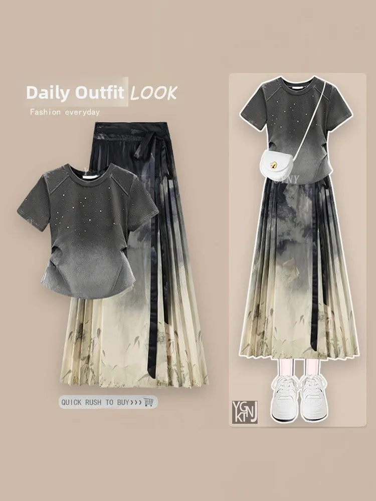 Black Gradient Heavy Work round Neck T-Shirt Women's Summer New Style Unique Elegant Top Matching Hanfu Skirt Slimming