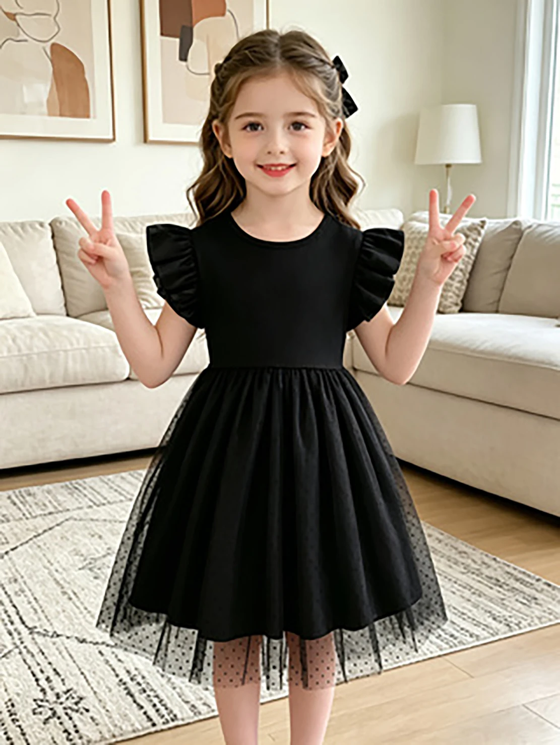 Schwarzes Prinzessinnenkleid aus Tüll mit Punkten für Mädchen, Sommerkleid mit Flatterärmeln und bauschigem Rock, stilvolles formelles Kleid für Kinder – Detail 2