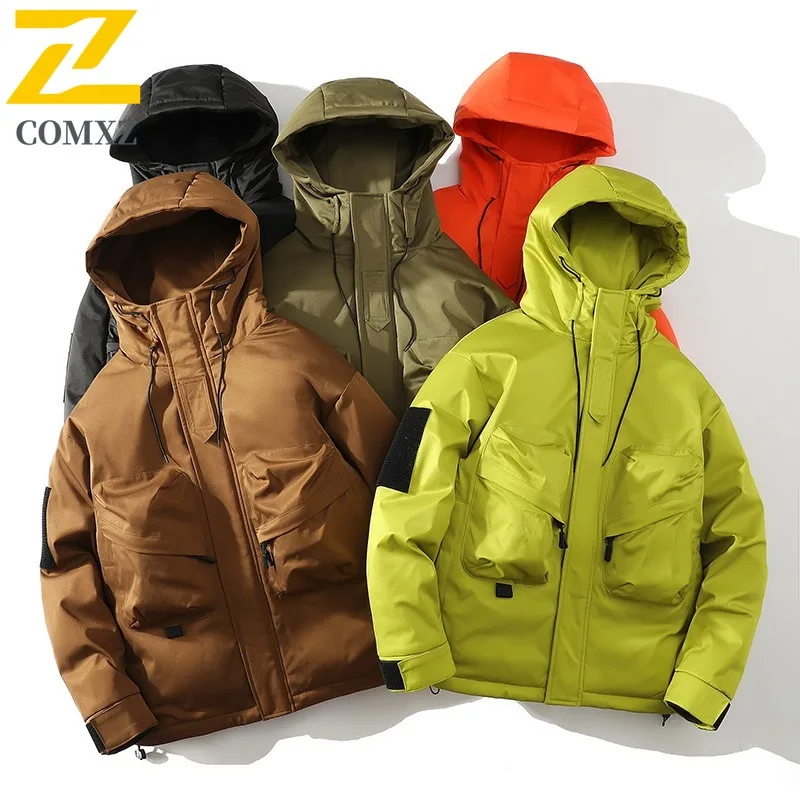 COMXZ Men Fleece Lined Jacket Winter Autumn Korean Style Waterproof  Windproof Hooded Outdoor Sports Casual Solid Color Coat