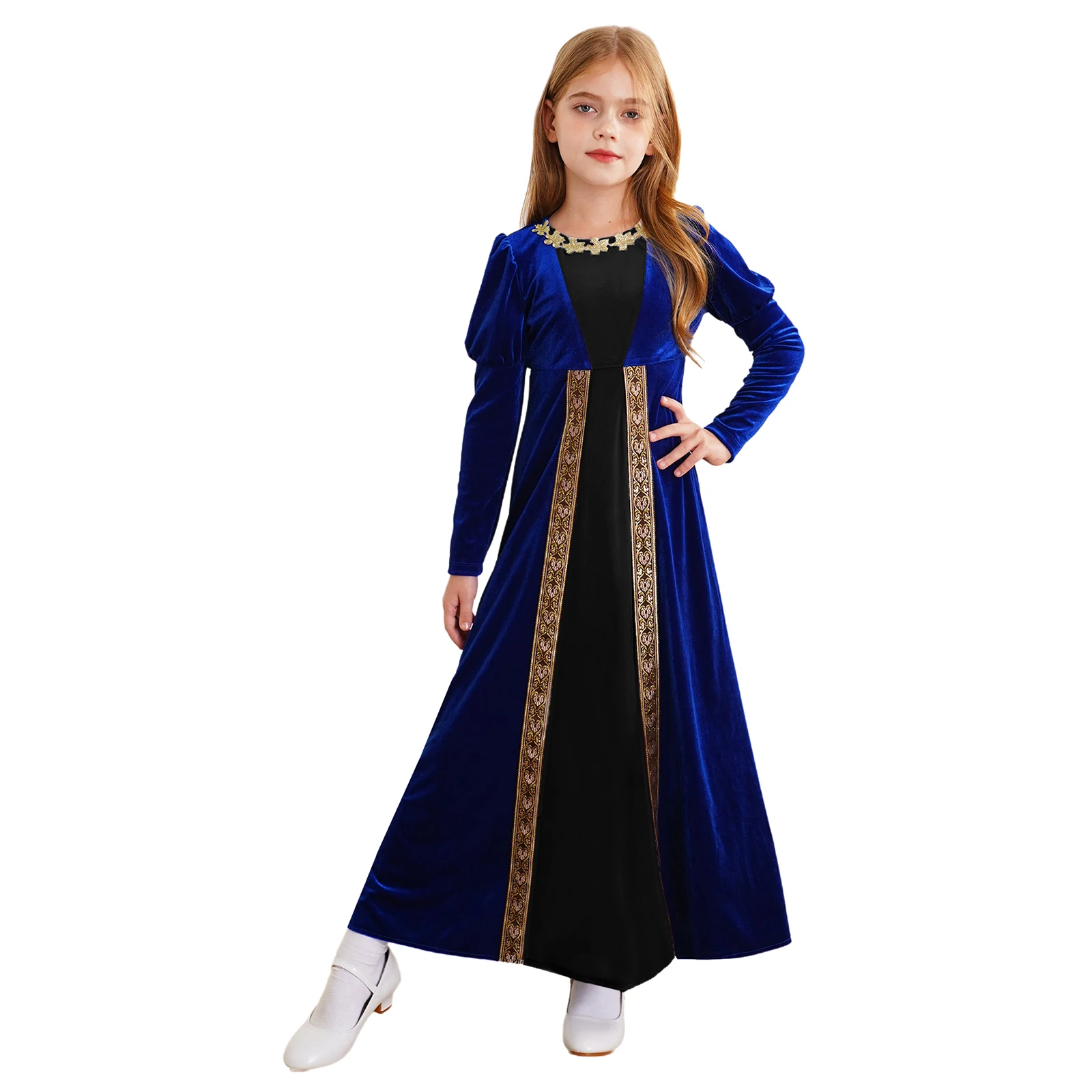 Crianças meninas medieval renascentista traje de manga longa vestido de veludo crianças retro role play antigo vestido romano trajes de natal