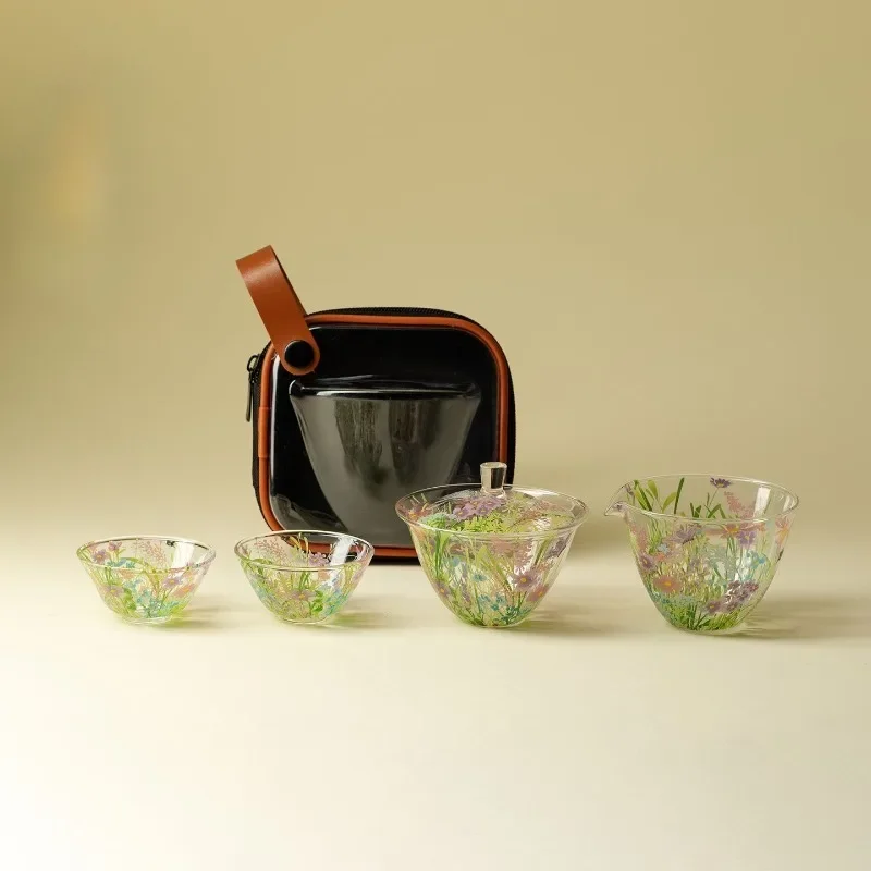 Manhua travel tea set, portable outdoor camping cover bowl teacup, one pot and two cups, exquisite