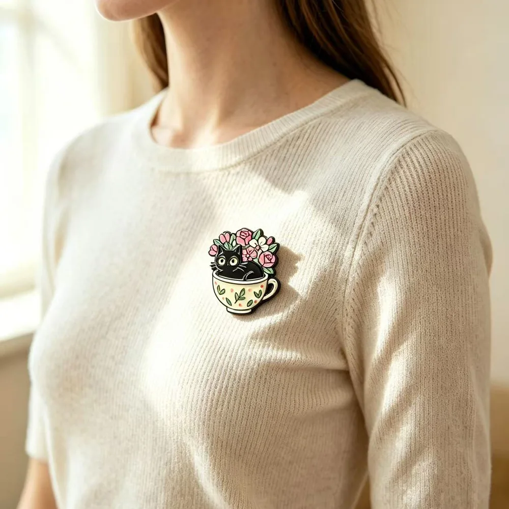 Cross-border Creative Plant Black Cat Flower Series Brooch, Cute Animal Badge Cartoon Gift Accessories - view 4