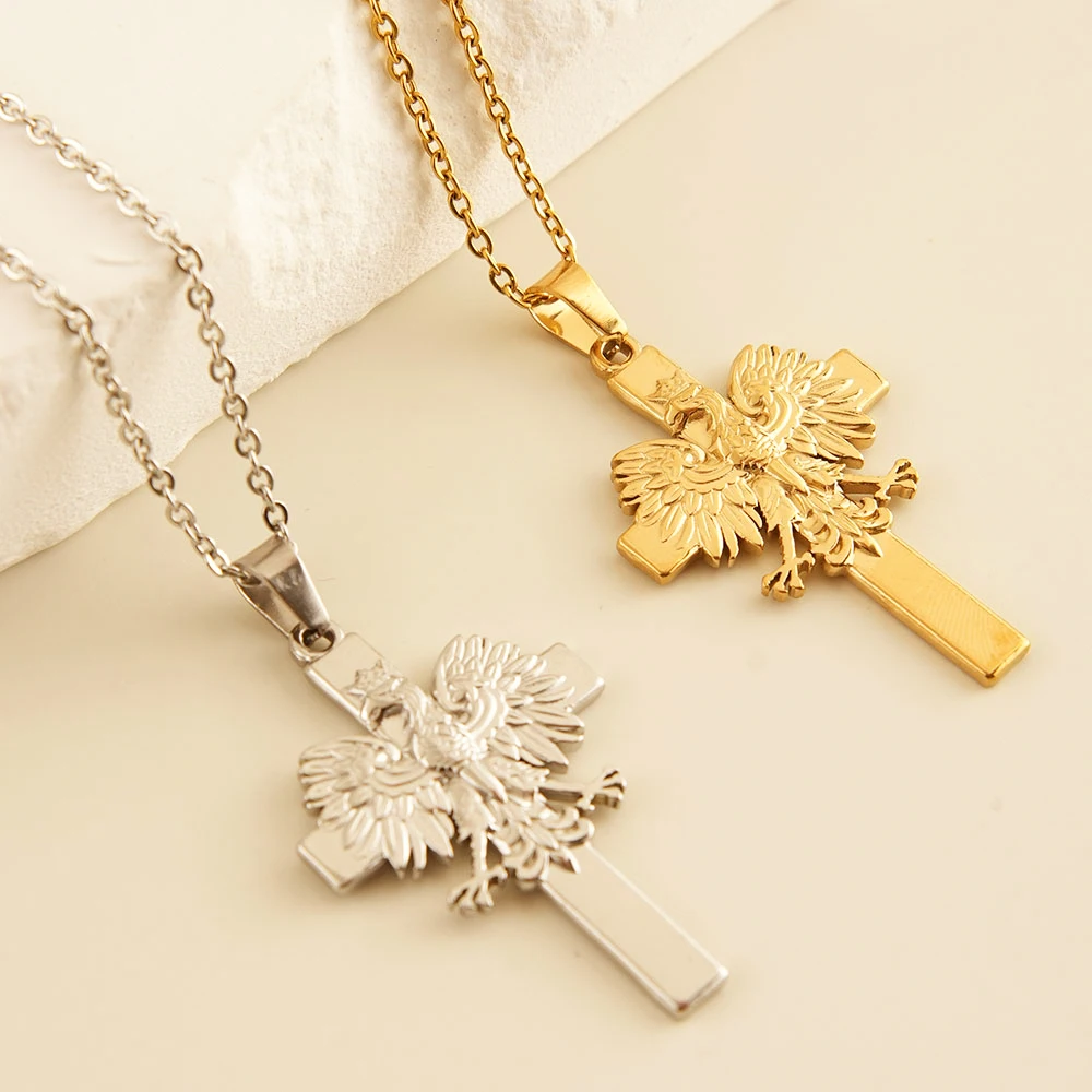 Fashion Poland Eagle and Cross Pendant Necklaces Stainless Steel for Women Girls Polska Poles Jewelry