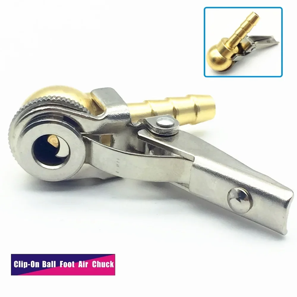 

8x28mm Hose Barb,Clip-On Ball Foot Air Chuck,Open (Flow Through) ,Brass Stem,Tire/Tyre Inflator Gauge Fitting,Tire Repair Tools