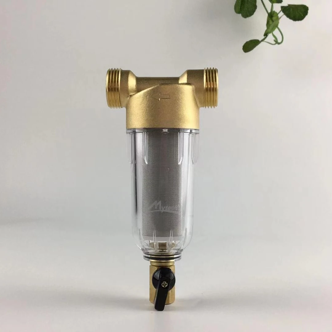 Myteck Whole House Brass Connector Stainless Steel Mesh 3/4 Inch Inline Pre-Filter With Flushing Function Point of Entry