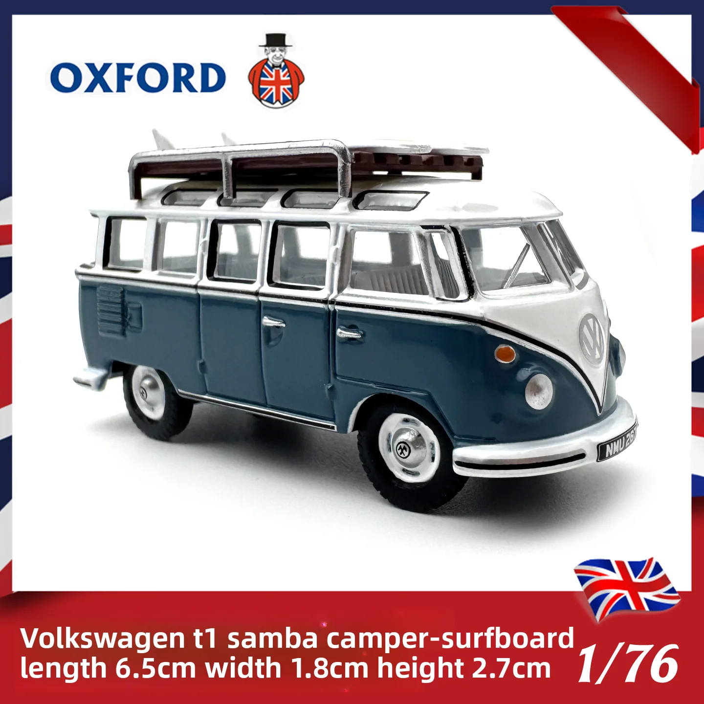 Diecast OXFORD 1:76 Scale VW T1 Santana Camping Surfboard Alloy Car Model