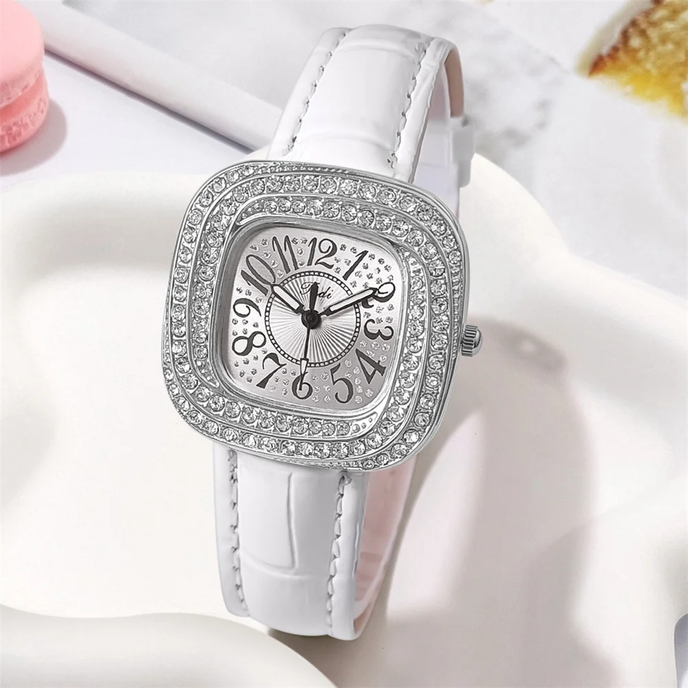 Luxury 2024 Full Star Diamonds Ladies Silver Case Digital Quartz Watch Fashion Beige Leather Women\'s Dress Clock Wristwatch