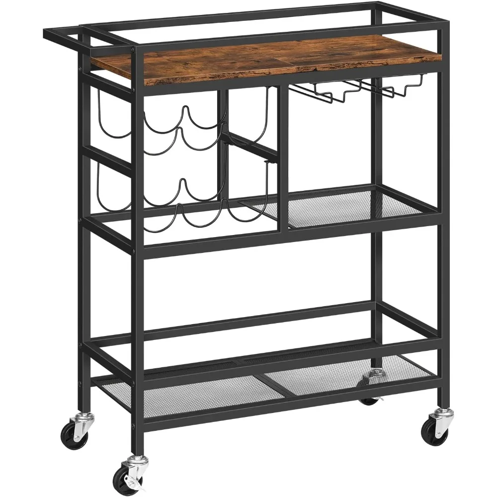 

Dining Room Bar Cart , 3-Tier Serving Cart with Wheels and Handle, Beverage Cart with Wine Rack and Glass Holders