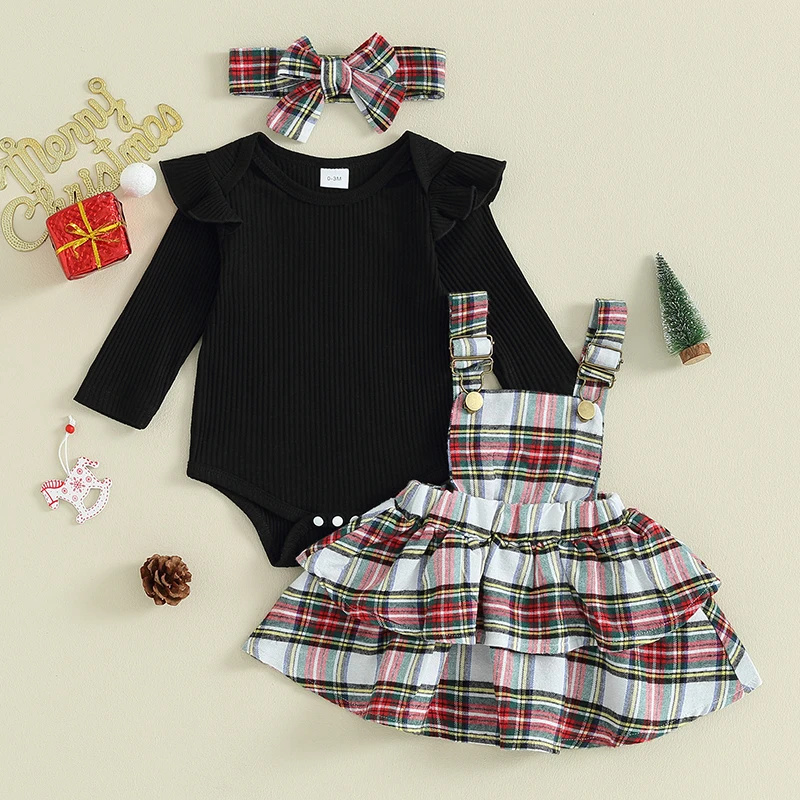 

0-24M Baby Girls 3PCS Skirt Sets Black Long Sleeve Ruffle Romper Plaid Suspender Skirt Headband Sets Fall Winter Clothing