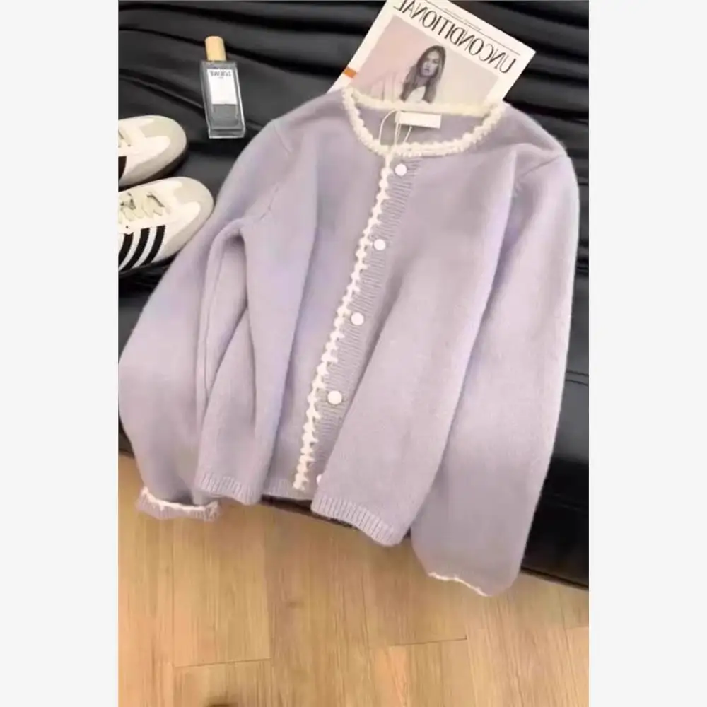 

Ele Purple Knitted Sweater Cardigan Women's Faion Cool Sle Polyester Fiber Ciwalk Spring Season round Ne