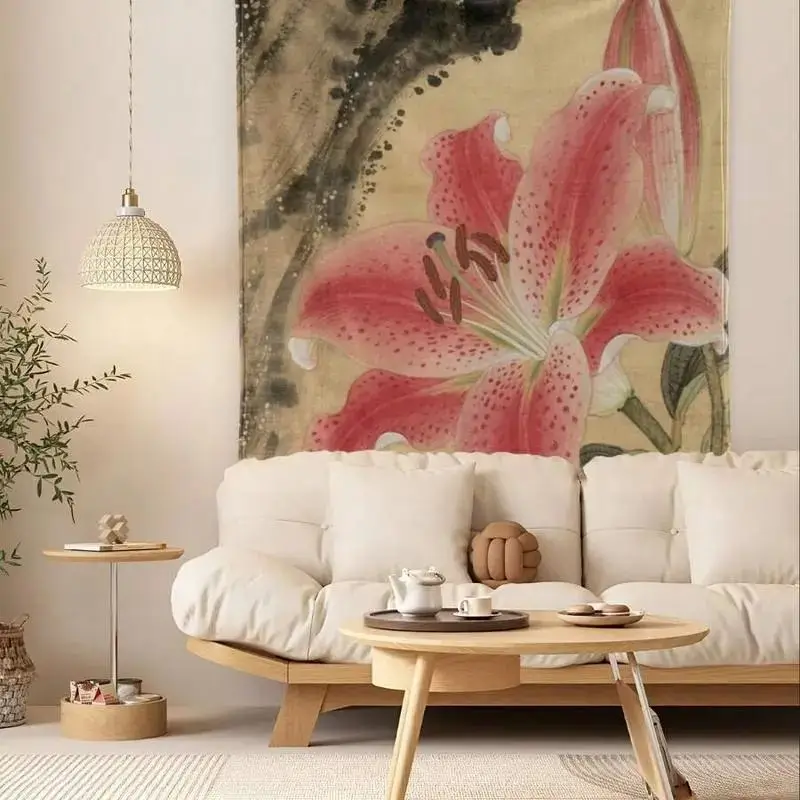 VIKAMA Retro Chinese Ink Painting Lily Flower Tapestry Oriental Flower Art Wall Hanging Cloth Bedroom Living Room Home Decor