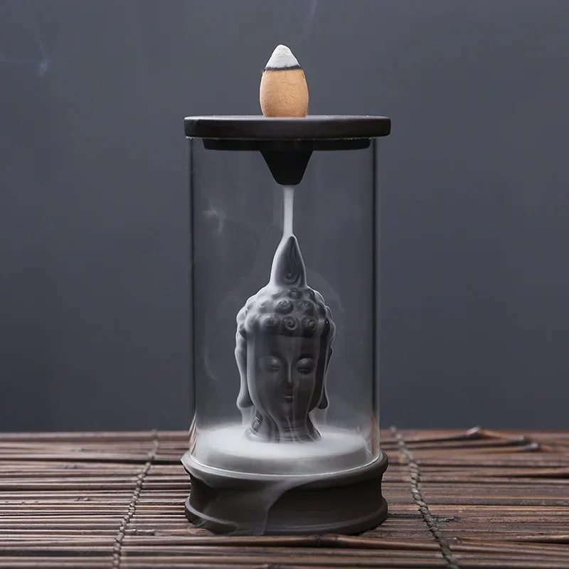Zen-Ornamente, Buddha-Statuen, Rückfluss-Räuchergefäß mit winddichter Acrylabdeckung für Heimduft-Dekoration, Aromatherapie-Ornament