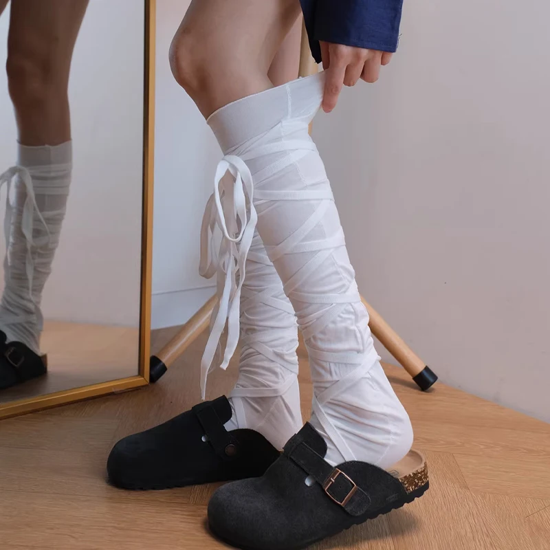 2026 Spring/Summer New Product Ballet Style Lolita Strap Bow Cross Knee Stacking Calf Socks Thin Edition Mesh Stocking