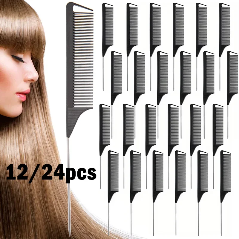 

12pcs/24pcs Rat Tail Comb with Stainless Steel Pintail Heat Resistant Carbon Fiber Tooth Hair Styling Hairdressing Comb Tools