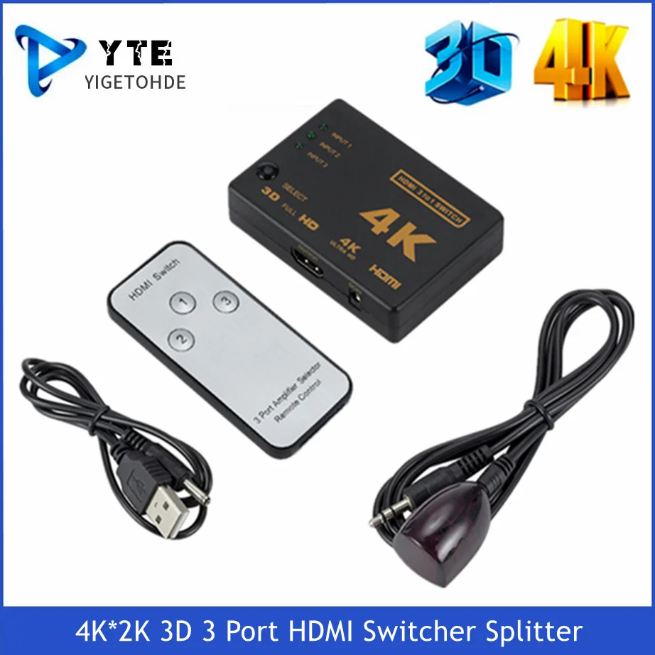 YIGETOHDE 4K*2K 3D Mini 3 Port HDMI-compatible Switch 1.4b 4K Switcher Splitter 1080P 3 in 1 out Port Hub For DVD HDTV Xbox PS3