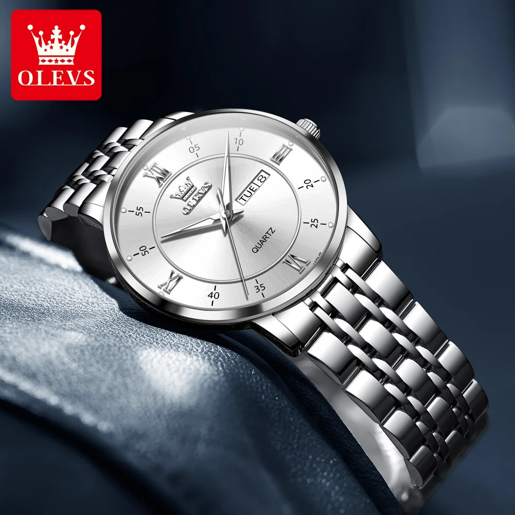 OLEVS Top Brand Original Stainless Steel Quartz Watch for Men Best Selling Fashion Luxury Dual Calendar Luminous Wrist Watch Men