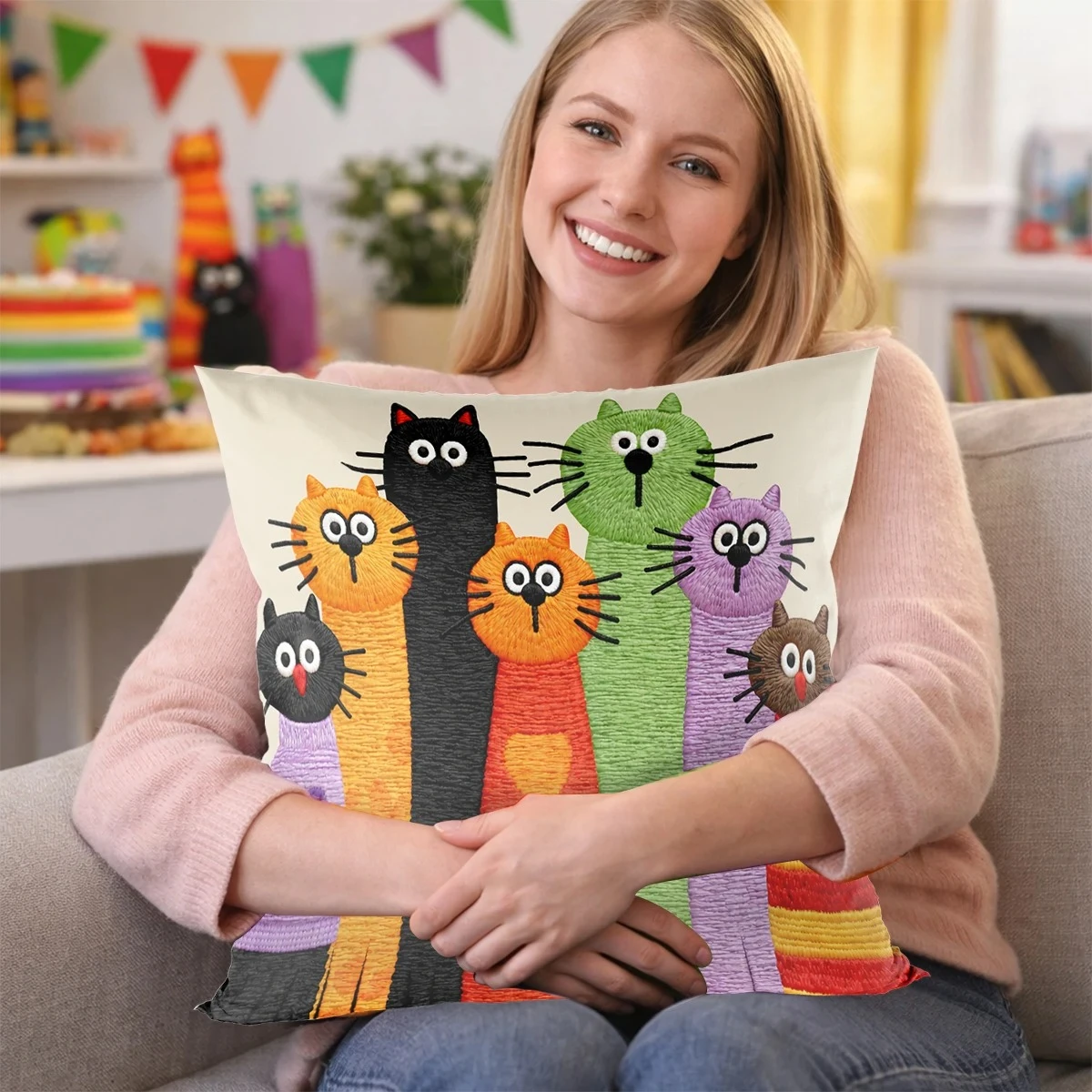 Cartoon Cat Faux Embroidery Print Pillow Cover, Soft & Comfortable, Suitable for Home Bedroom & Living Room Pillowcase