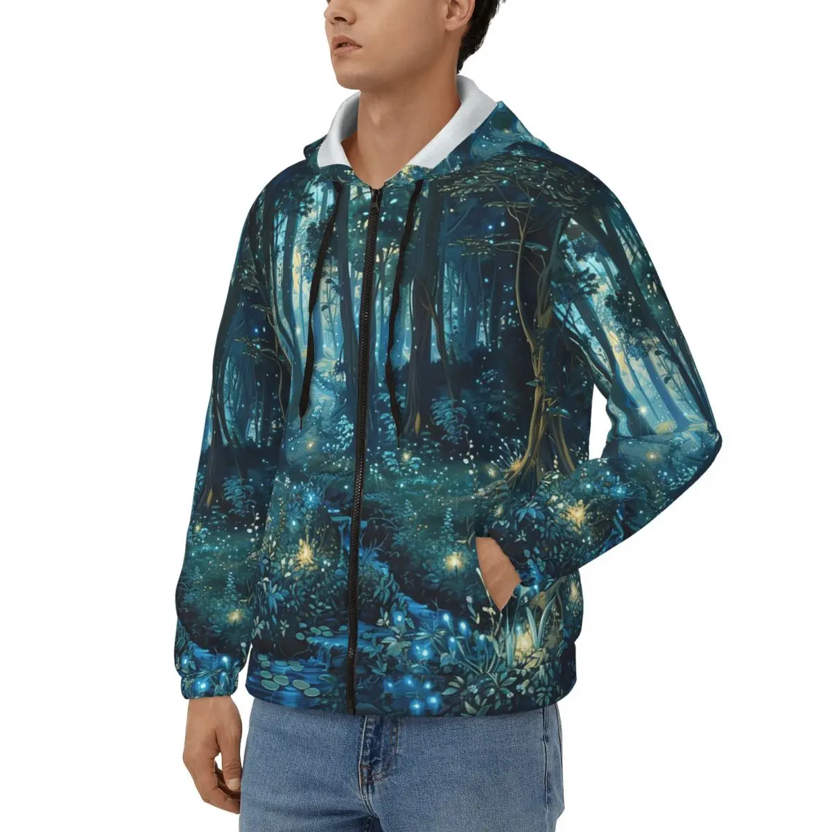 Enchanted Forest Design With Glowing Blue Lights Zipper Hoodies Pullover Autumn Winter Men's Women's Sweatshirt Long Sleeve Tops