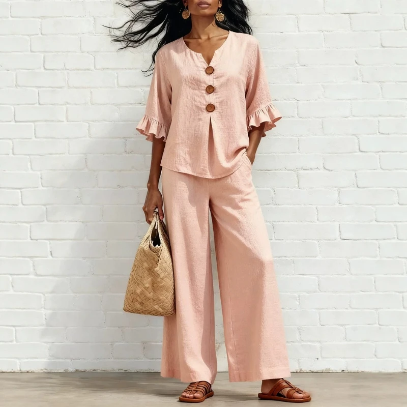 Pant Set Women Two Piece Sets V Neck Full Sleeve Tops Casual Loose Wide Leg Long Pants Elastic Waist Y2k Streetwear Elegant 2026