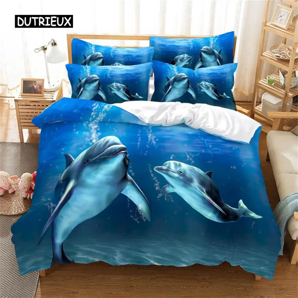 

Lovely Dolphin Duvet Cover Blue Ocean Sea Animal Bedding Set Queen King Size Comforter Cover for Women Girls Bedroom Decoration