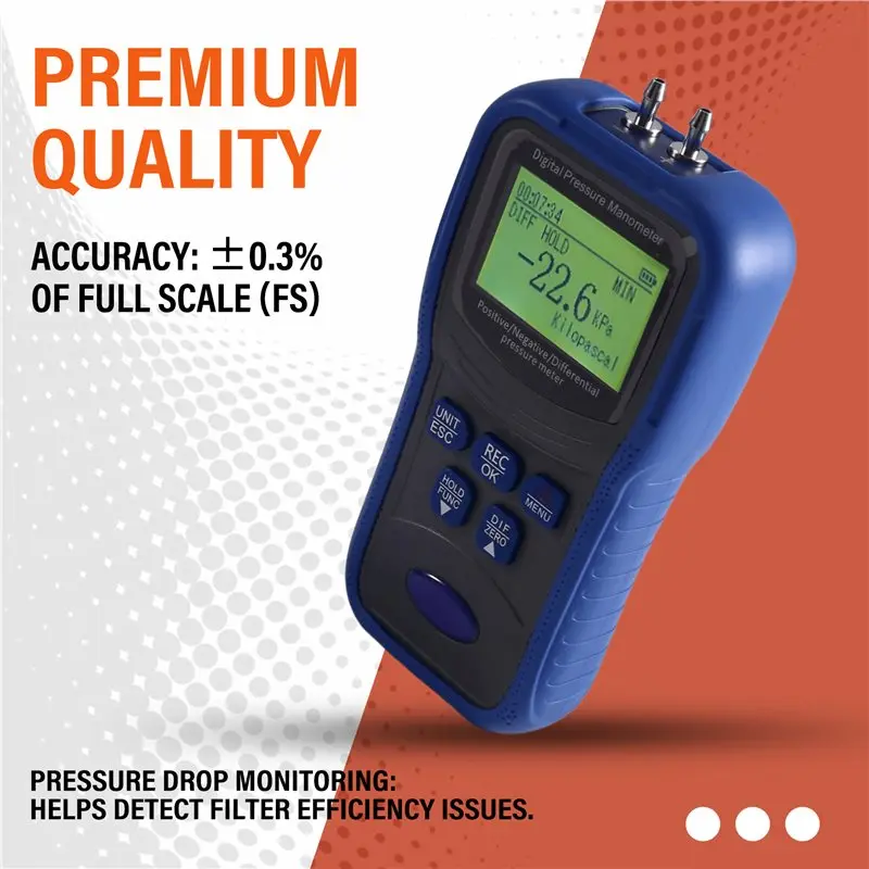AB46-For Filter Pressure Drop Monitor Digital Differential Pressure Gauge, MAX/MIN/AVG, Data Logging,± 206.8 Kpa