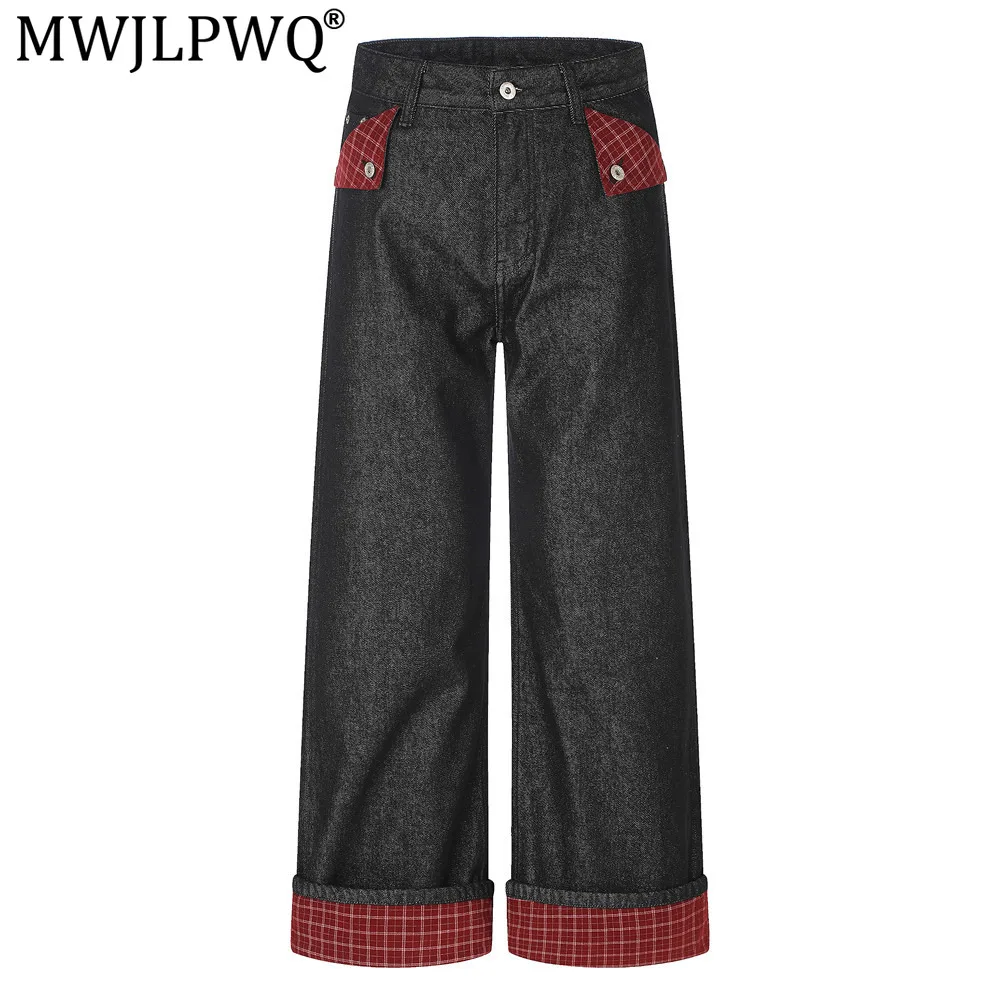 MWJLPWQ Men's Color-Block Plaid Flared Denim Pants Straight Workwear High-Street Fashion Trendy Loose Wide-Leg Trousers 21424