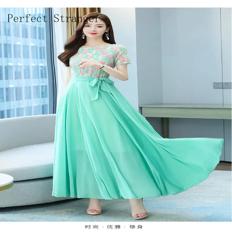 2024 Summer New Arrival Elegant Hot Sale Round Collar Lace Chiffon Long Women Dresses  M-4XL