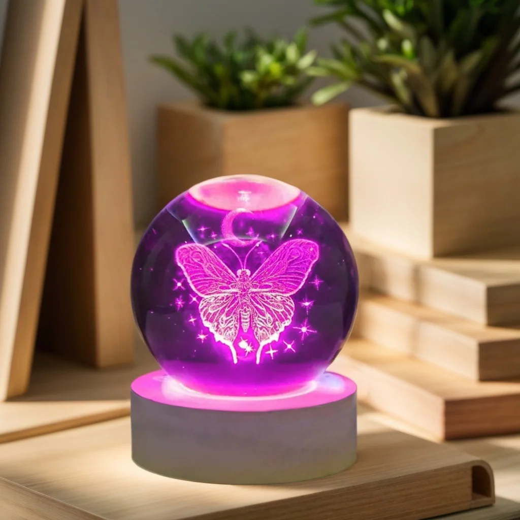 

1шт 3D лазерная гравировка ‌ ‌ ‌ ‌ ‌ ‌ ‌ Лунный свет танец бабочки, хрустальный шар, ночник, современное украшение из полированного стекла, Рождество,