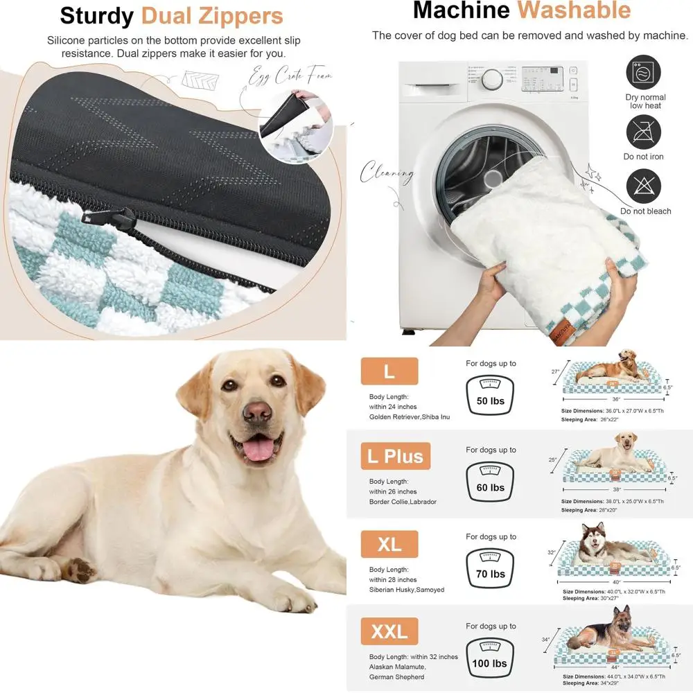 

Orthopedic XL Dog Bed with Washable Cover, Waterproof Egg Crate Foam Sofa for Large Dogs - Green Grid