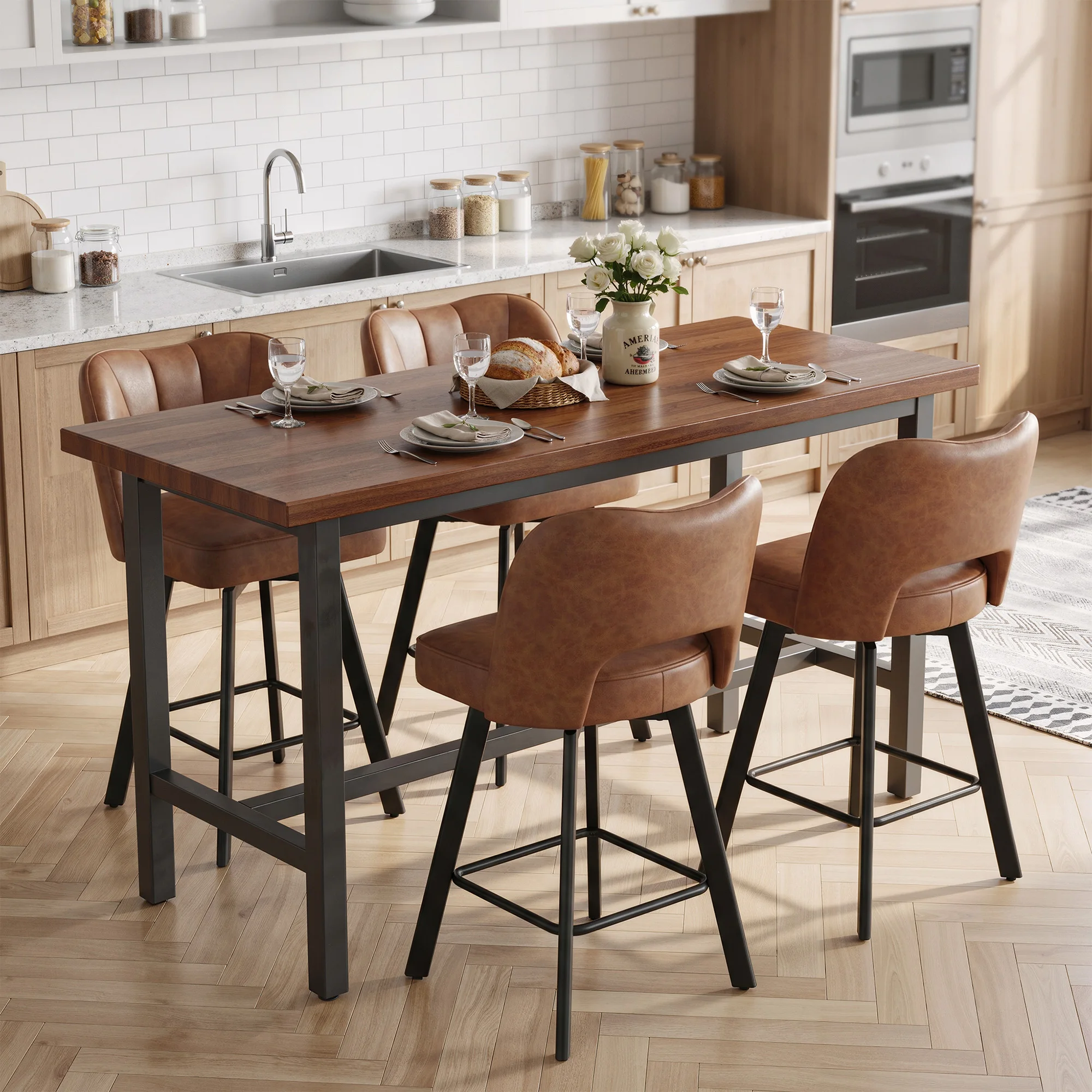 Set of 4 Bar Stools, Counter Height Bar Chairs with Curved Backrest & Footrest, Upholstered Modern Bar Stools for Kitchen Island, Black Metal Legs, Tan/Olive Green 2
