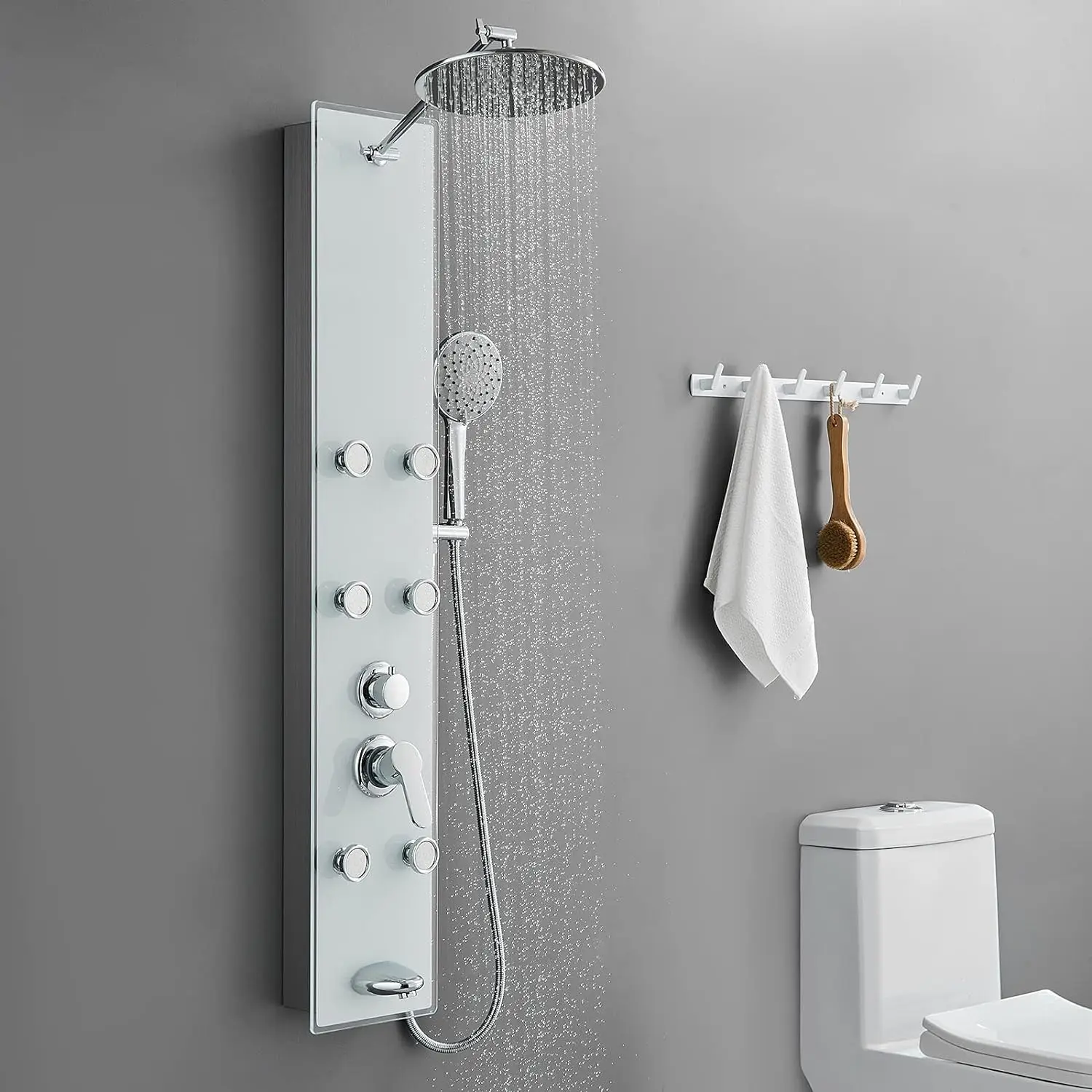 

ROVATE Tempered Glass Shower Panel Tower System 9" Adjustable Arm Height 304 Stainless Steel White 6 Massage Jet Tub Spout