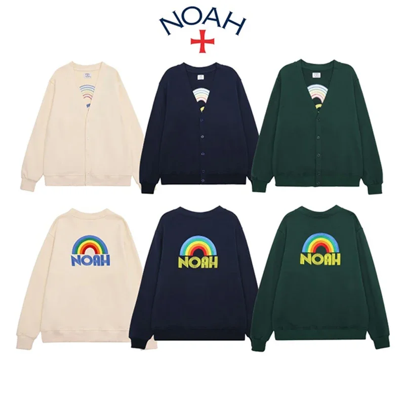 NOAH Arrival Classic Letter Logo Rainbow Embroidery Cotton V-neck Hoodies Oversize Keep Warm Button Coat Men Women Long Sleeve