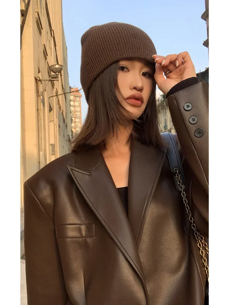 2025Brown /black soft PU leather  women jacket motorcycle long sleeve single breasted casual coat top for autumn high Streetwear