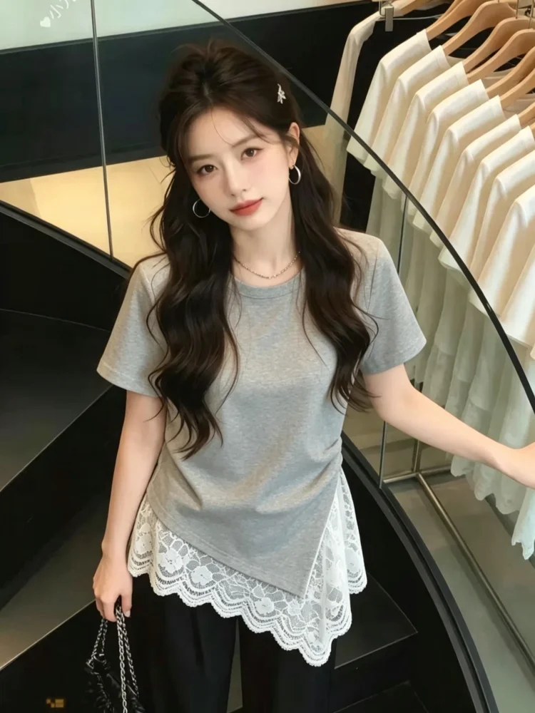Summer Lace Splice Short Sleeve T-Shirt Women's plus Size Slim Fit Waist Cinched Shoulder Appropriate Cotton 95% Elastic Fibe...
