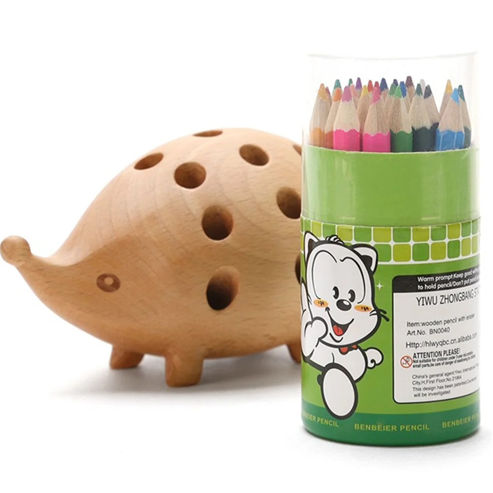 

Creative Wooden Beech Pen Holder Hedgehog Shape with 24 Art Colored Pen