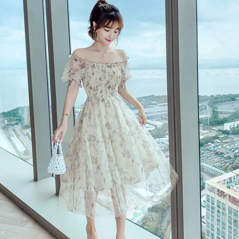 French High-grade Sweet Soft Style Mid-length Dress Women 2025 New Summer Floral Dress Fashionable Slim Printed Evening Dresses