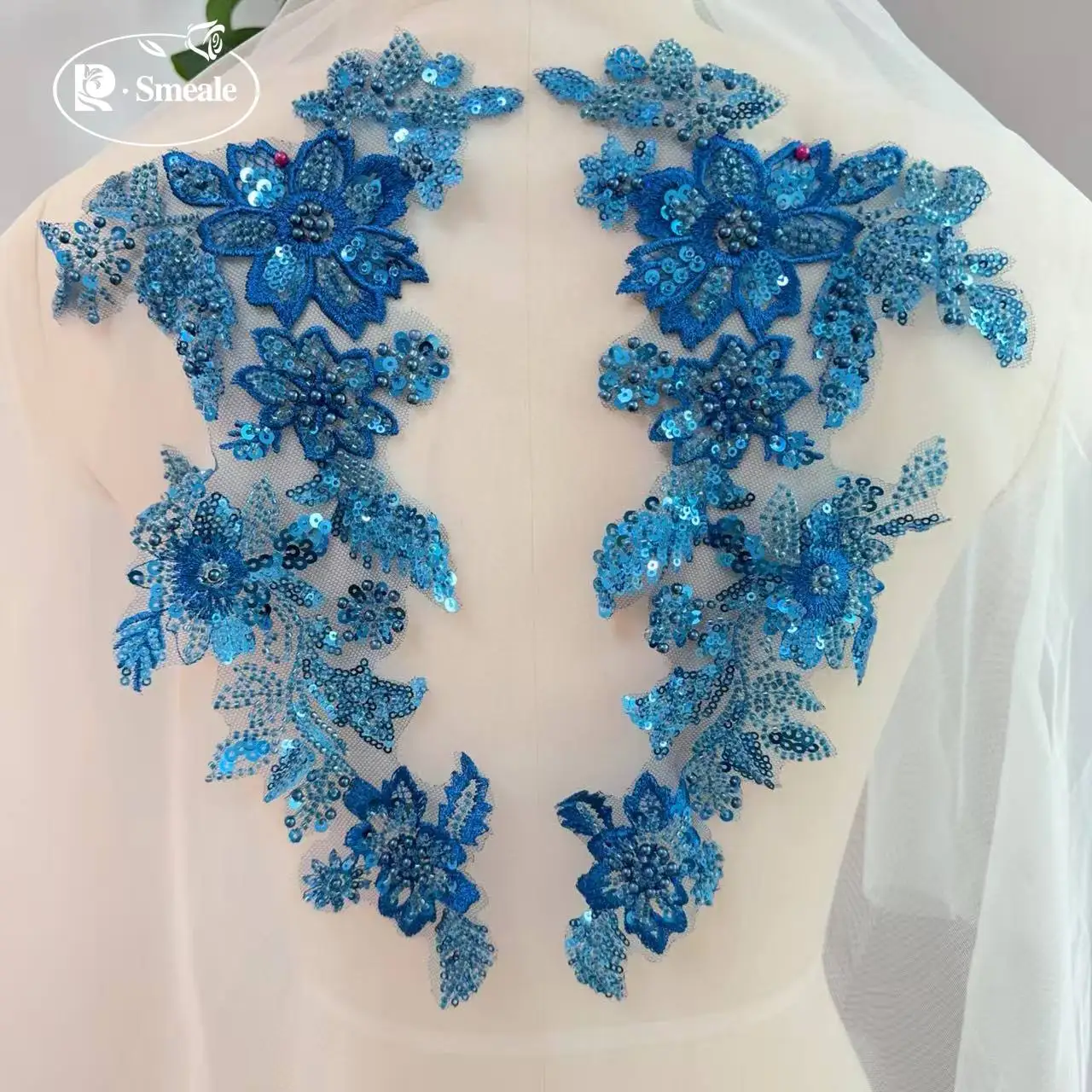 10 Stück/2 Stück. Bestickte Spitze mit mehrfarbigen Perlen, Perlenstickerei, Blumen-Pailletten, handgemachter DIY-Spitzen-Applikations-Patch. – Detail 2