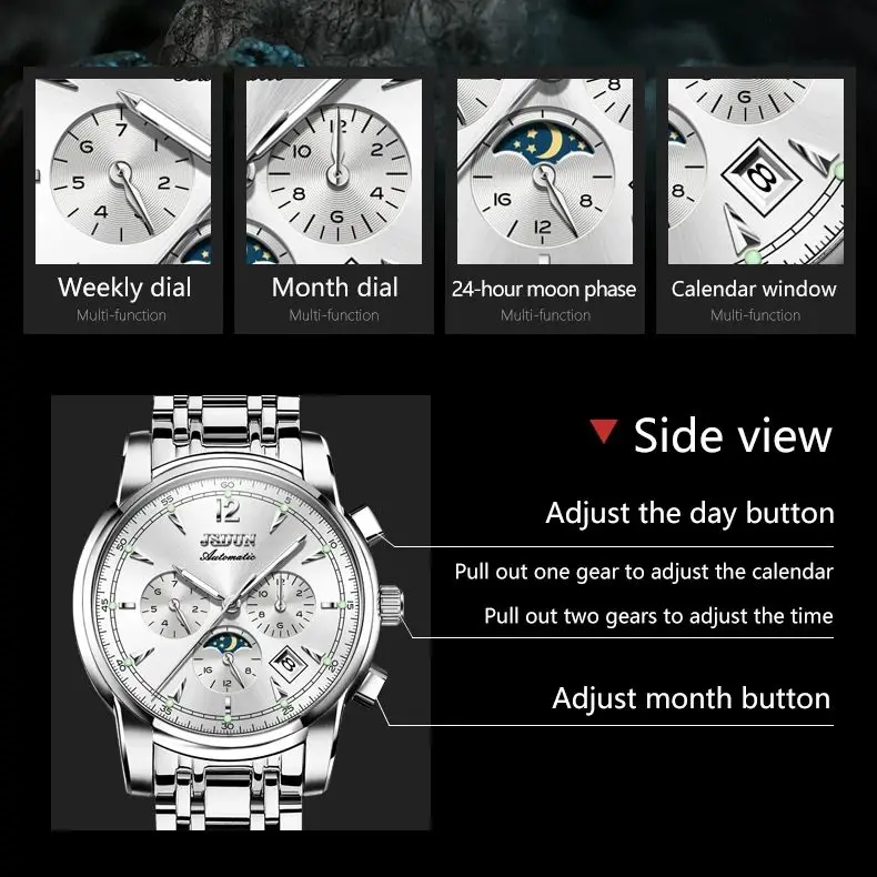 JSDUN 8750 Men Watch Original High end Waterproof Luminous Moon Phase Multi functional Brand Men Automatic Mechanical Watch Gift