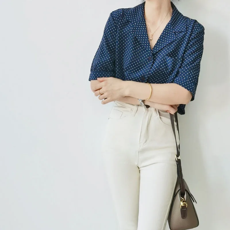 

Summer New French Retro Navy Polka Dot Printed Silk Shirt Sandwashed Double Crepe Medium-length Shirt