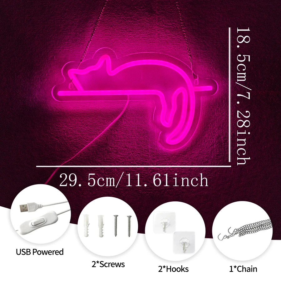 Anime Cat & Moon Neon Sign,Cat LED Lights Decor Animal,Usb Light up Signs for Kids or Girls Room Decorations Bedroom Wall Decor view 3