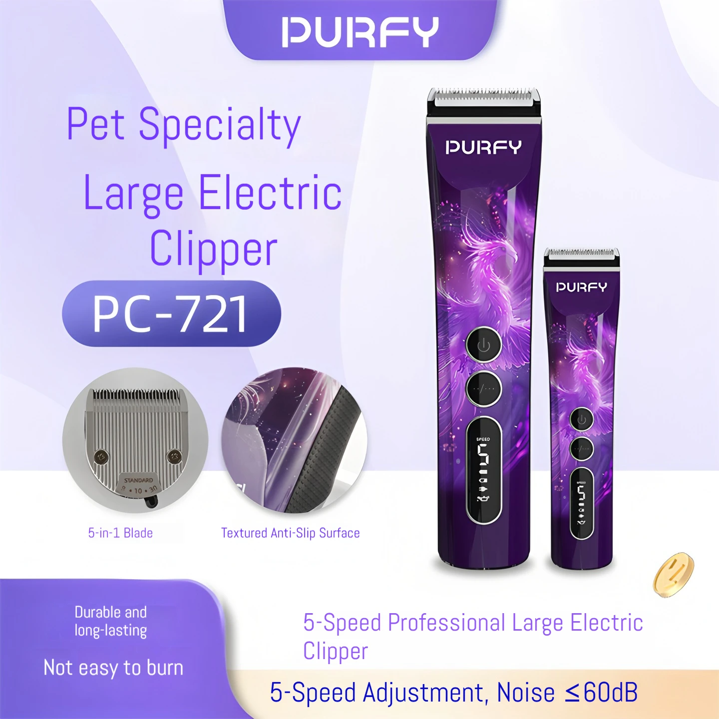 PURFY Professional Cordless Pet Grooming Clipper 5 Speed Adjustable 5 In 1 R Blade Low Noise For Dog Cat Fur Shaving