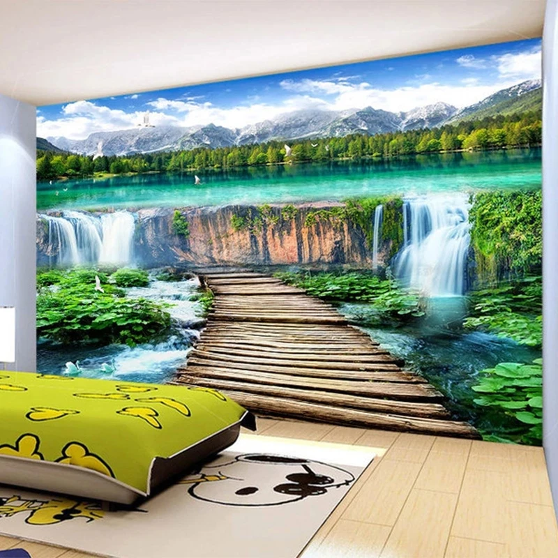 Custom Chinese Waterfall Landscape Wood Bridge Photo Wallpaper Mural Green landscape Living room background bedroom restaurant
