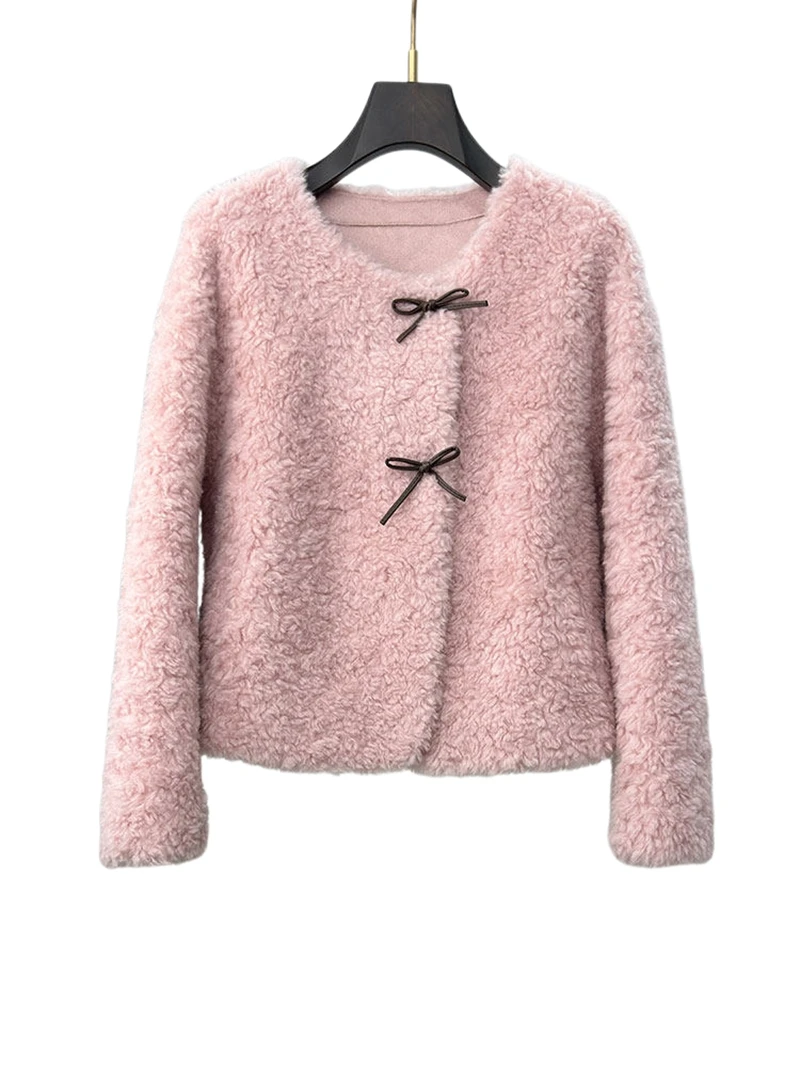 100 pieces of wool, lambskin, shearling and fur integrated fur coat for women, short and round neck, new style for winter 2025