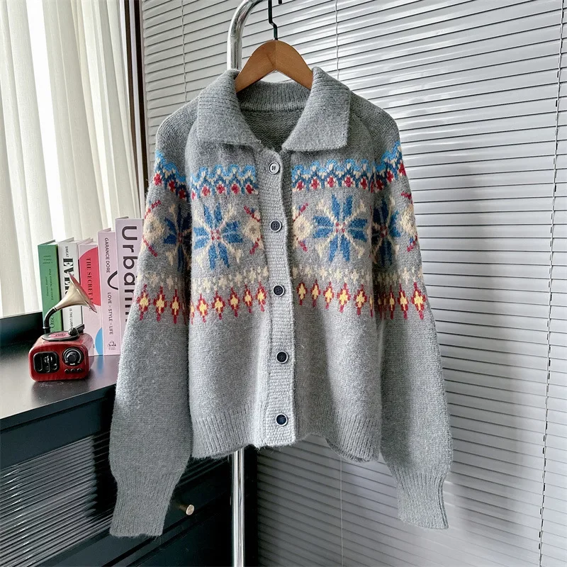 Korean Minimalist Style Lapel Jacquard Sweater Jacket Women's Autumn Winter New Fashion Soft Sticky Knitted Cardigan Top