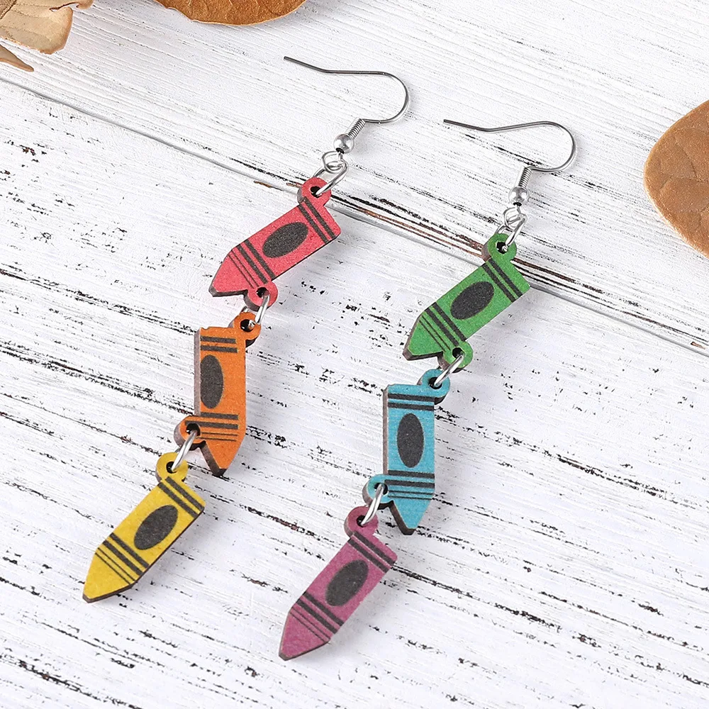 European and American personalized colored crayon pendant earrings teacher gift rainbow double-sided wooden fringed