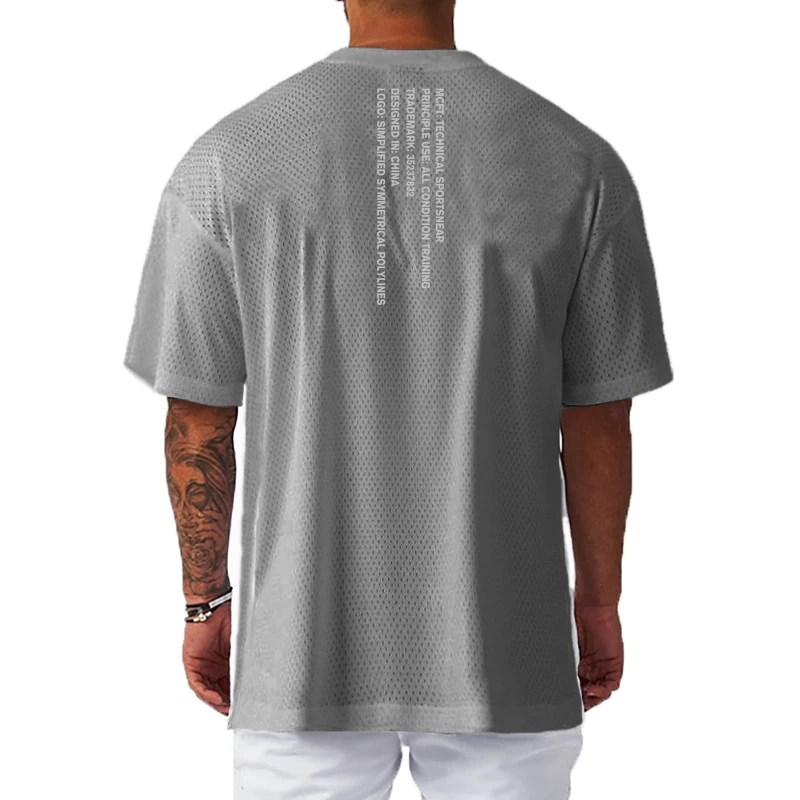 Oversized T Shirt Mens Casual Dropped Shoulders Loose Gym Fitness Bodybuilding Clothing Summer Mesh Quick Dry Half Sleeve Shirts