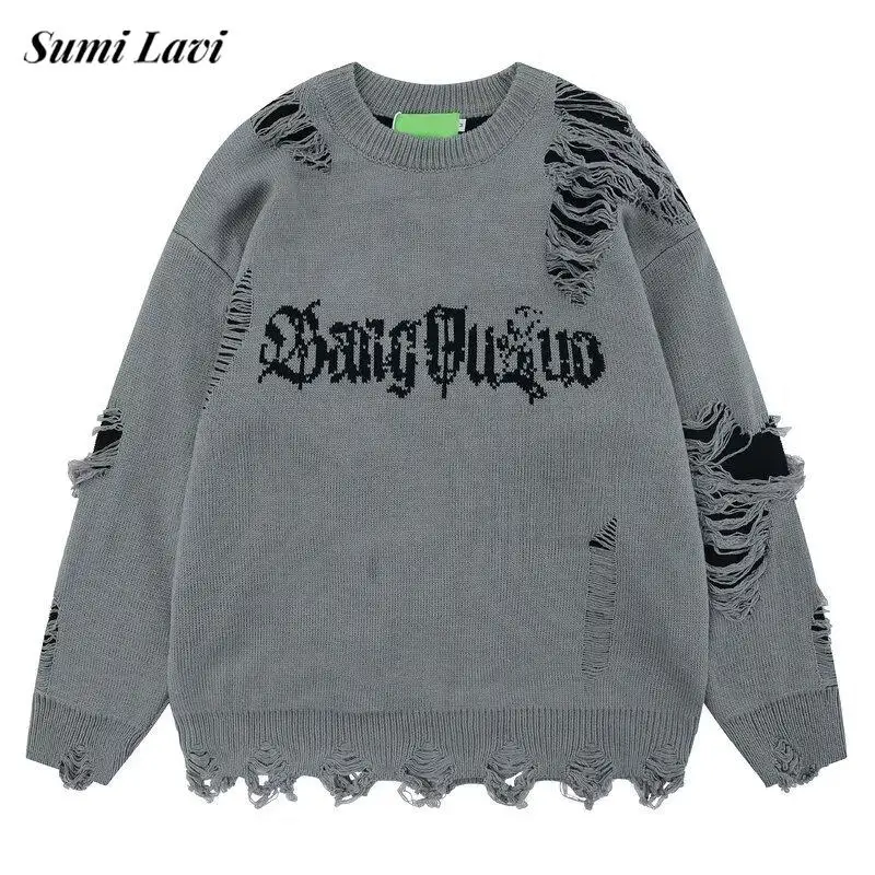 

Повседневные мужские вязаные джемперы с круглым вырезом 2024, осень-зима, модный вязаный крючком свитер с надписью, мужские винтажные рваные вязаные свитера