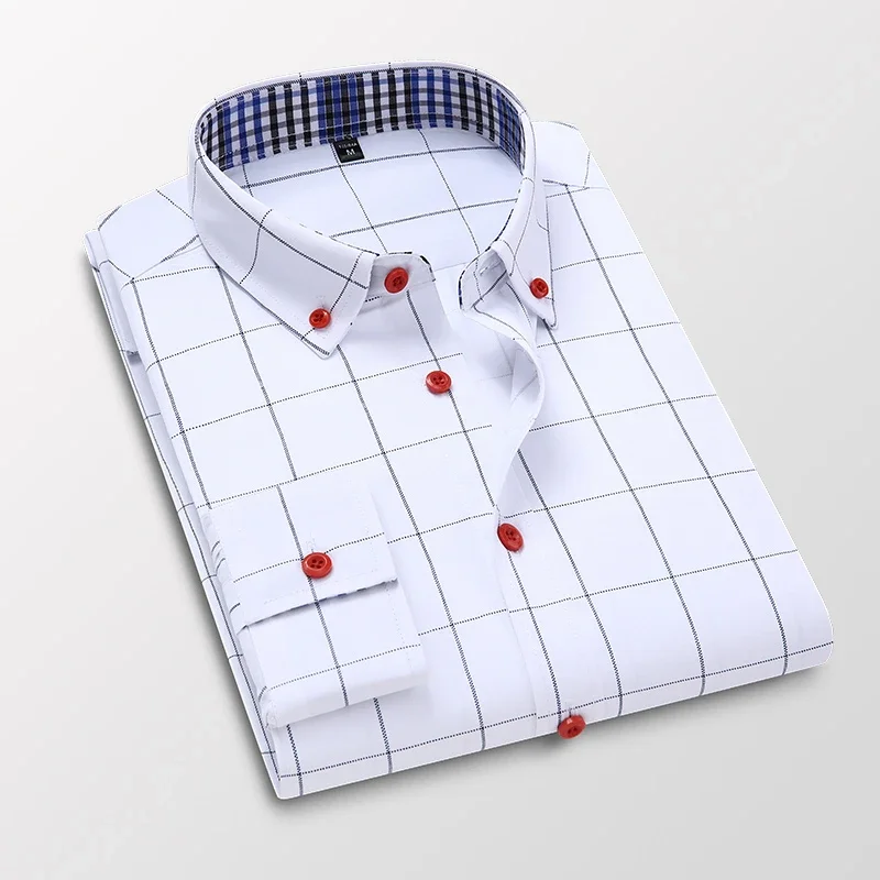 TFETTERS Spring Autumn Men Shirts Long Sleeve Plaid Shirt Casual Cotton Polyester Slim Fit Shirts for Mens Clothing Plus Size